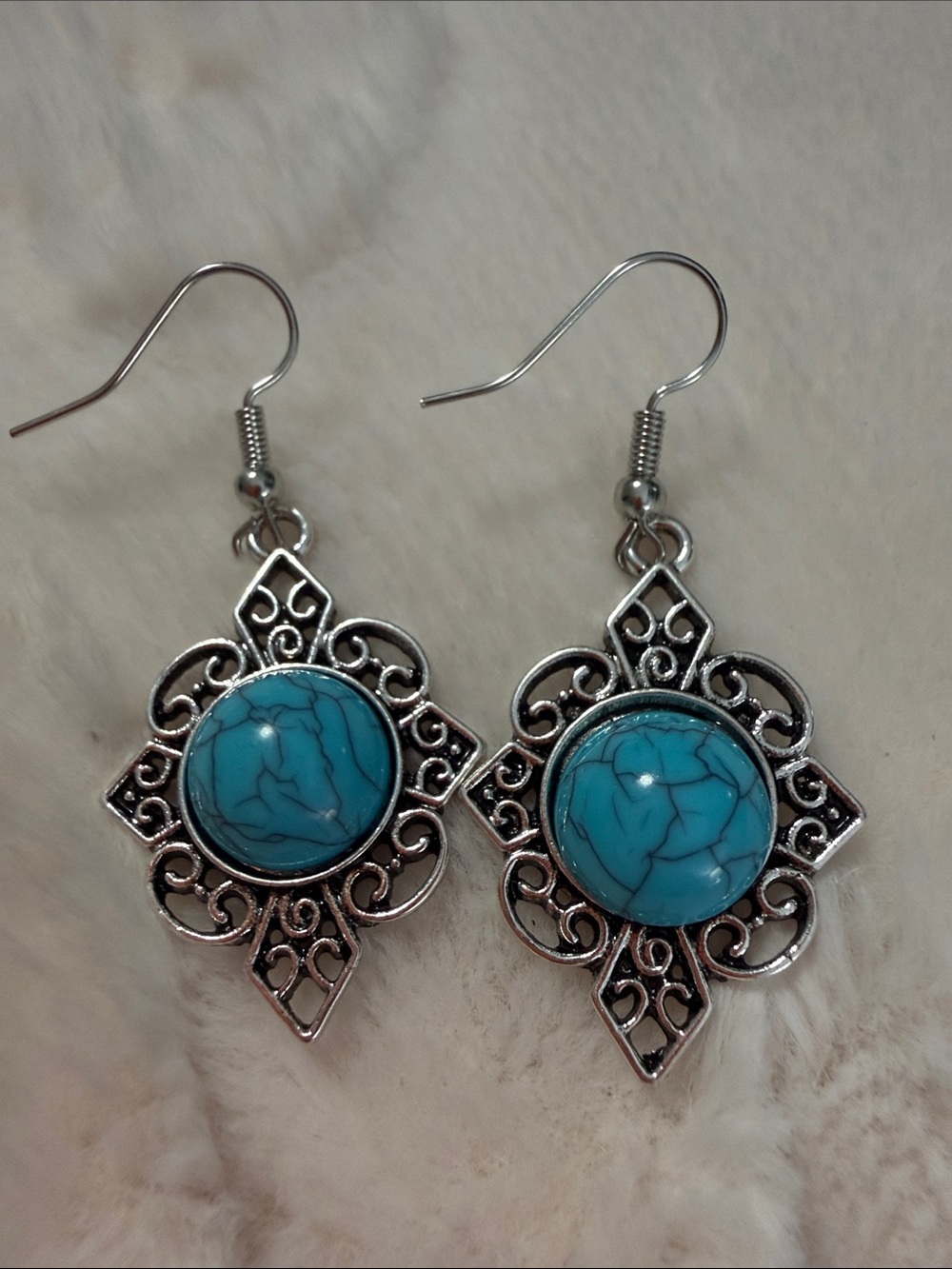3/30$ Turquoise Stone Filigree Dangle Earrings - Blue Silver Tone